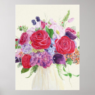 hand painted red rose magenta hydrangea bouquet  poster