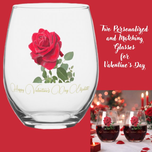 Hand painted red rose Valentines Personalized Stemless Wine Glass (Creator Uploaded)