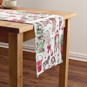 Hand Painted Red Watercolor Christmas elements Short Table Runner