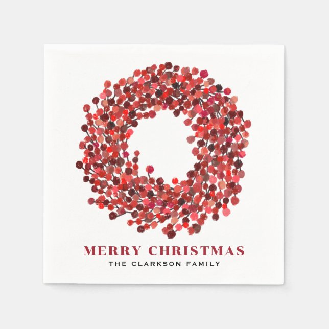 Hand Painted Red Winterberry Wreath Christmas Napkin (Front)