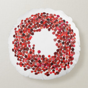 Hand Painted Red Winterberry Wreath Christmas Round Cushion