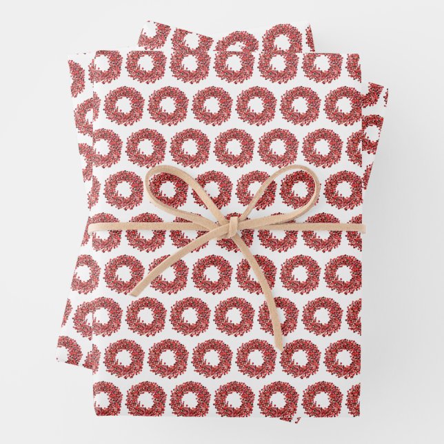 Hand Painted Red Winterberry Wreath Christmas Wrapping Paper Sheet (In situ)