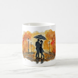 Hand Painted Romantic Couple in Rain Watercolor Coffee Mug