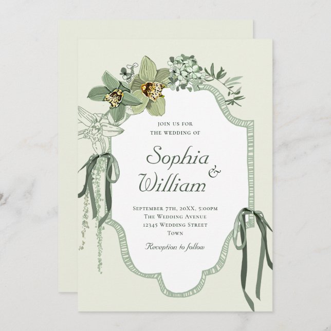 Hand Painted Sage Green Orchids Wedding Invitation (Front/Back)