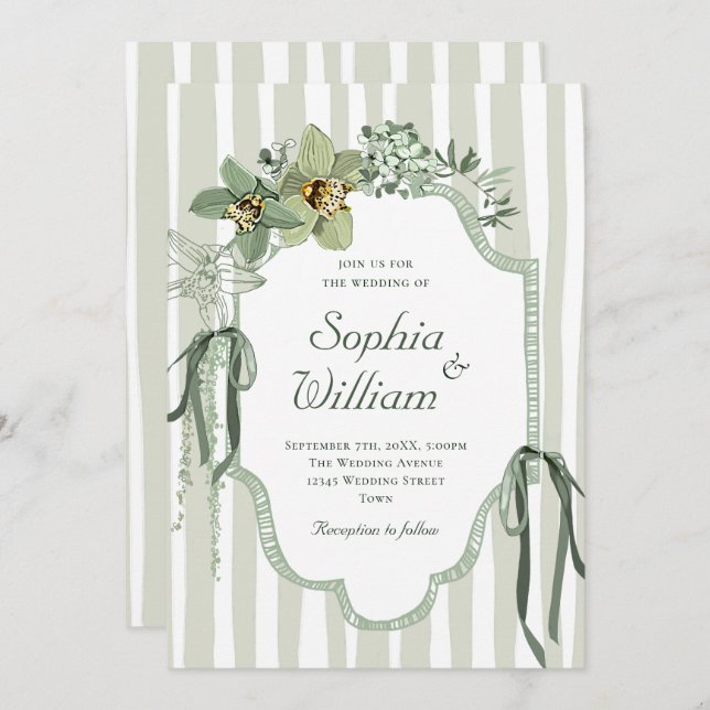 Hand Painted Sage Green Orchids Wedding Invitation (Front/Back)