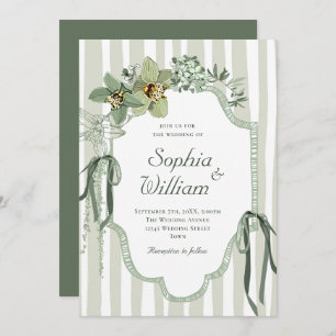 Hand Painted Sage Green Orchids Wedding Invitation