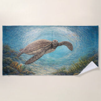Hand-Painted Sea Turtle in Ocean Vortex  Beach Towel