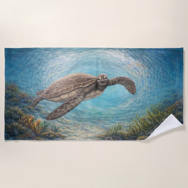 Hand-Painted Sea Turtle in Ocean Vortex  Beach Towel (Front)