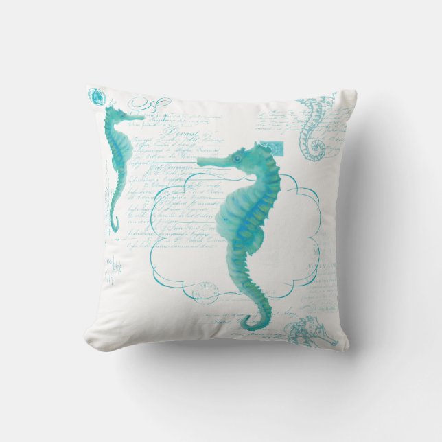 Hand Painted Seahorse Vintage Handwriting Scrolls Cushion (Front)