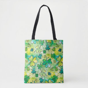 Hand-painted shamrock pattern featuring water colo tote bag