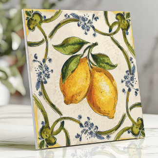 Hand-Painted Sicilian Lemons and Floral Vine Tile