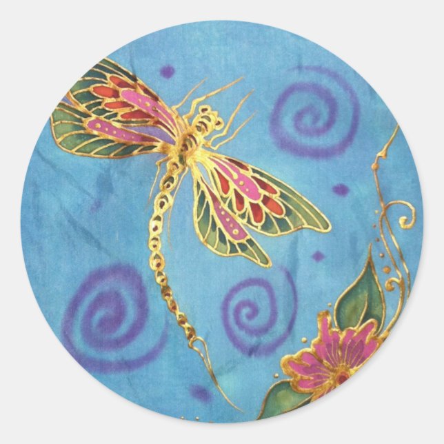 Hand Painted Silk Dragonfly Classic Round Sticker (Front)