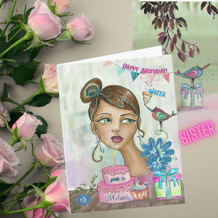 Hand-Painted Sister Birthday Card with Cake
