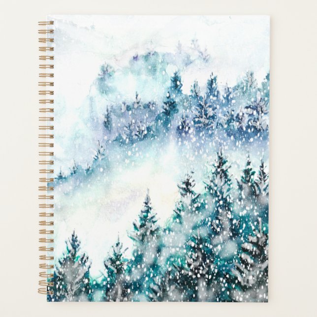 hand painted  snowing pine tree jungle planner (Front)