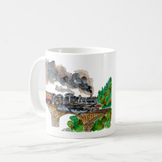 Hand Painted Steam Train Locomotive Watercolor Coffee Mug