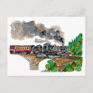 Hand Painted Steam Train Locomotive Watercolor Postcard