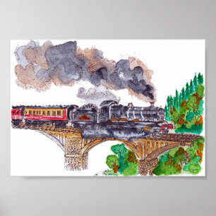 Hand Painted Steam Train Locomotive Watercolor Poster
