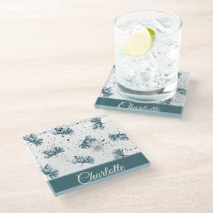 Hand painted steel blue Floral design Glass Coaster
