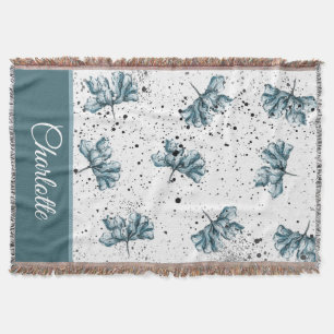 Hand painted steel blue Floral Monogram Throw Blanket