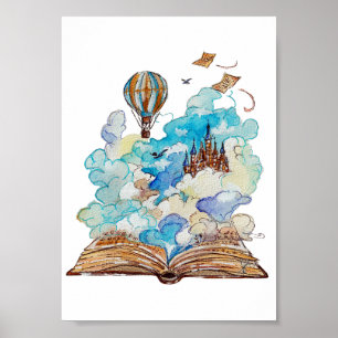Hand Painted Storybook Flying Castle Watercolor Poster
