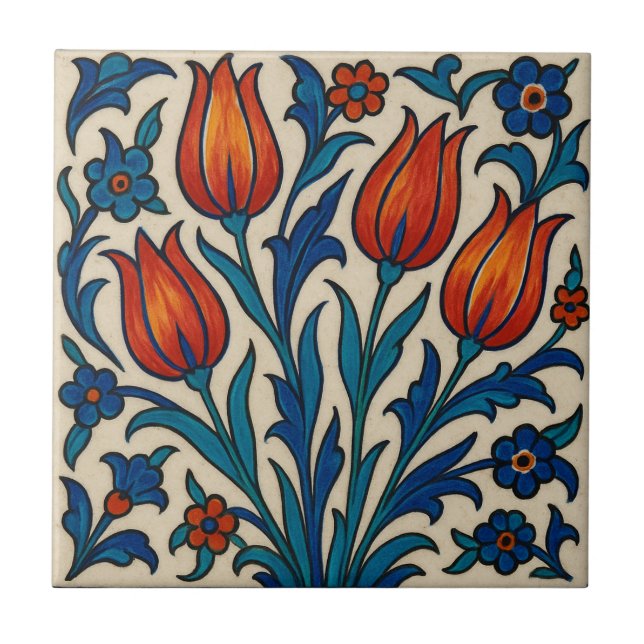 Hand-Painted Style Iznik Tulips Tile (Front)