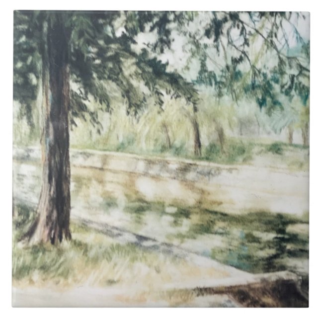 Hand painted summer landscape green trees river  tile (Front)
