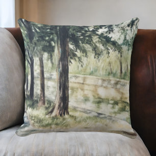 Hand painted summer watercolor green trees river  cushion