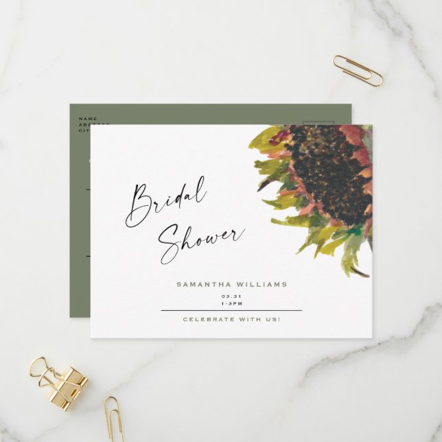 Hand Painted Sunflower Sage Bridal Shower Invitation Postcard (Front/Back In Situ)