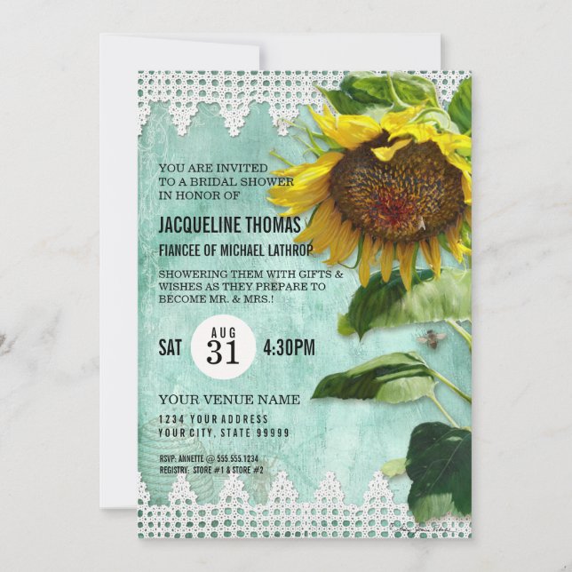 Hand Painted Sunflower Wooden Fence Bee Aqua Invitation (Front)