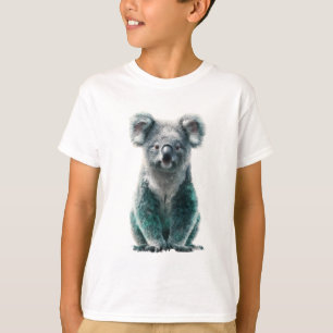 Hand-Painted Teal and Grey Fluffy Koala Kids T-Shirt
