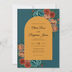Hand Painted Teal Ochre Dahlia Wedding Invitation