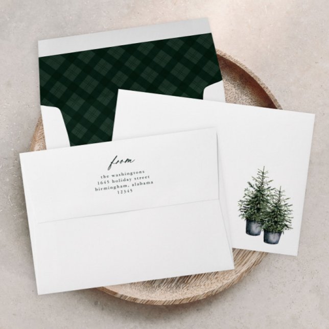 Hand-painted Trees Christmas Card Return Address Envelope (Elegant hand painted potted pine trees christmas holiday card envelopes.)