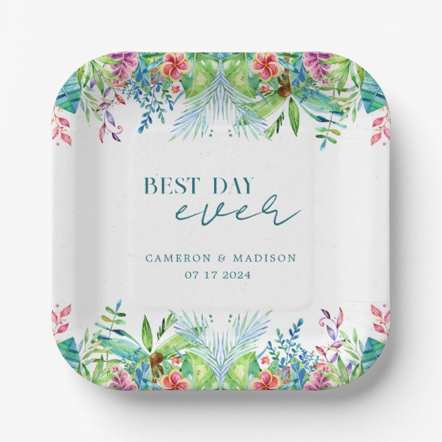 Hand-Painted Tropical Flower Wedding Paper Plate (Front)