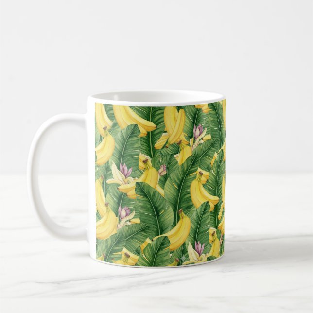 Hand-Painted Tropical Watercolor Leaf & Fruit Coffee Mug (Left)