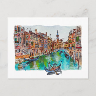 Hand Painted Venice Canals and gondolas Watercolor Postcard