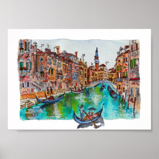 Hand Painted Venice Canals and gondolas Watercolor Poster