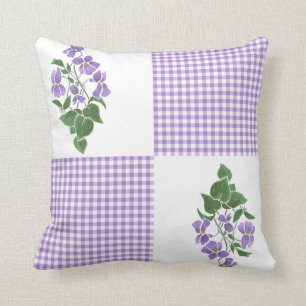 Hand-painted Violets on White, Mauve Check Gingham Cushion