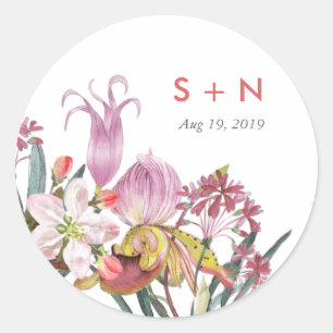 Hand painted water colour exotic flower wedding classic round sticker