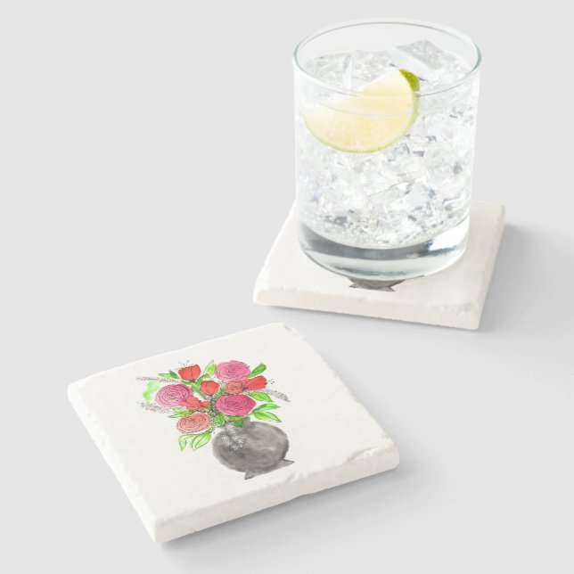 Hand Painted Watercolor Abstract Floral Art Stone Coaster (Side)