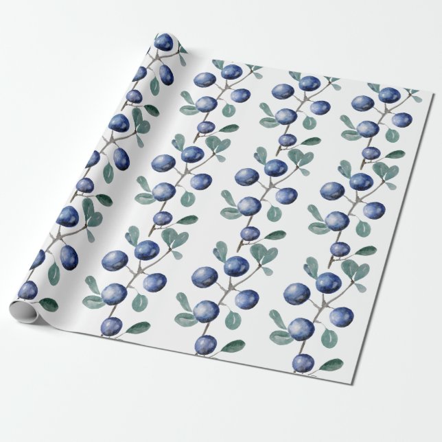 Hand painted Watercolor Blue Blueberries Wrapping Paper (Unrolled)