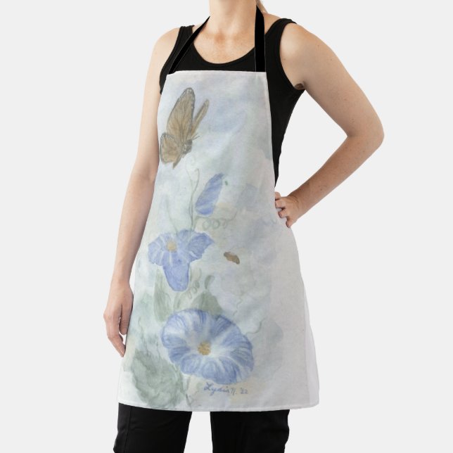 Hand Painted Watercolor Blue Floral Apron (Insitu)