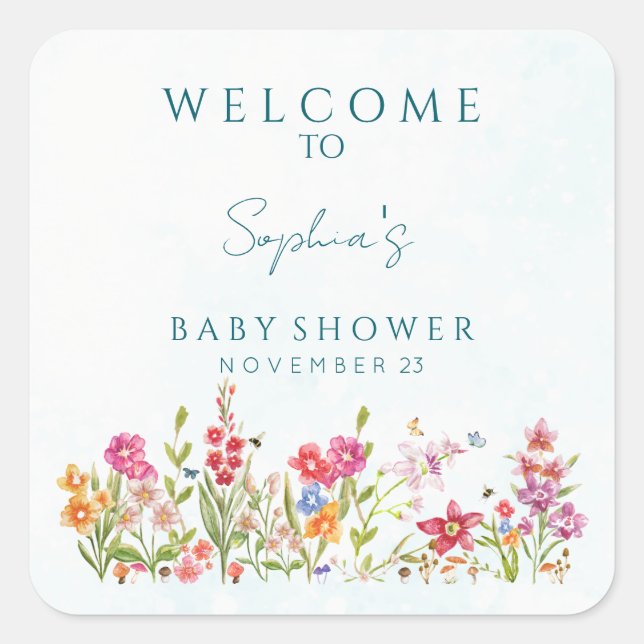 Hand Painted Watercolor Botanical Art Baby Shower Square Sticker (Front)