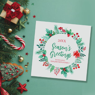 Hand Painted Watercolor Botanicals with Holly  Holiday Card