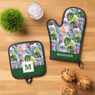 Hand Painted Watercolor Cactus Pattern 2 Oven Mitt & Pot Holder Set