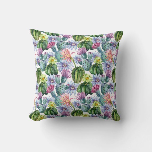 Hand Painted Watercolor Cactus Pattern Cushion (Front)