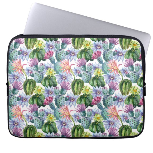 Hand Painted Watercolor Cactus Pattern Laptop Sleeve (Front)