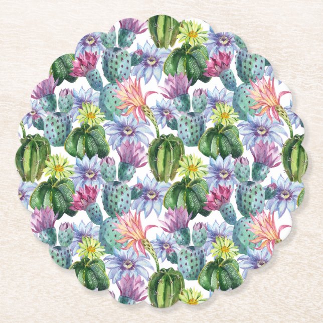 Hand Painted Watercolor Cactus Pattern Paper Coaster (Front)