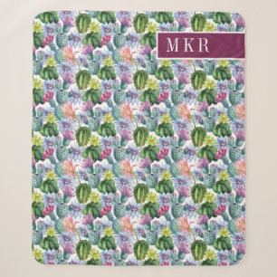 Hand Painted Watercolor Cactus Pattern Sherpa Blanket
