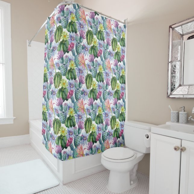 Hand Painted Watercolor Cactus Pattern Shower Curtain (In Situ)