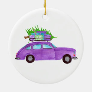 Hand painted watercolor Christmas car Ceramic Tree Decoration